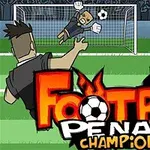 Un jucător de fotbal execută un penalty, încercând să marcheze împotriva unui portar care se aruncă spre minge, cu un public în fundal și un banner colorat cu textul Football Penalty Champions