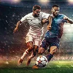 Doi jucători de fotbal se luptă pentru minge într-un stadion luminat pe timp de noapte