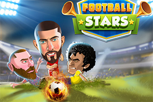 Caricaturi ale unor fotbaliști care se luptă pentru o minge în flăcări pe un teren de fotbal, cu un banner Football Stars deasupra