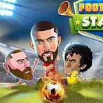 Caricaturi ale unor fotbaliști care se luptă pentru o minge în flăcări pe un teren de fotbal, cu un banner Football Stars deasupra