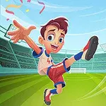 Un băiat animat lovește o minge de fotbal pe un stadion plin de lumini și decorat cu confetti colorate