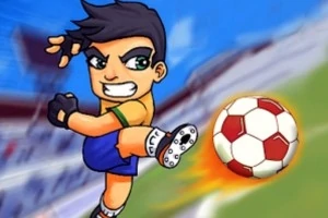 Personaj animat într-un echipament de fotbal șutând o minge pe un teren verde