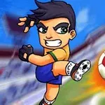 Personaj animat într-un echipament de fotbal șutând o minge pe un teren verde