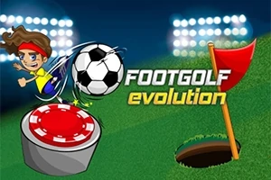 Personaj animat lovind o minge de fotbal lângă o gaură de golf cu steag roșu, pe un fundal de teren verde iluminat