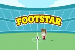Ilustrație cu o mascotă de fotbalist cu un balon pe un teren, având textul Footstar deasupra