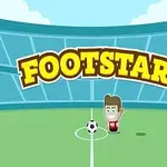 Ilustrație cu o mascotă de fotbalist cu un balon pe un teren, având textul Footstar deasupra