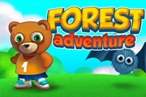 Ursuleț animat în tricou portocaliu și liliac albastru pe fundal de pădure, cu titlul „Forest Adventure”