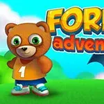 Ursuleț animat în tricou portocaliu și liliac albastru pe fundal de pădure, cu titlul „Forest Adventure”
