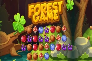 Fundalul prezintă un cadru de pădure cu textul „Forest Game” deasupra și diverse fructe și ciuperci aranjate în rânduri pe un teren verde