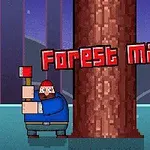 Un bărbat cu o barbă și o pălărie roșie, ținând un topor, stă lângă un copac mare pe un fundal de pădure pixelată; textul Forest Man apare deasupra