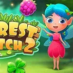 Zână desenată cu păr albastru, îmbrăcată în rochie roz, în fața unui fundal verde pădure cu elemente florale colorate și text mare, galben