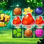 Un ecran de joc colorat care prezintă elemente grafice de pădure, inclusiv ciuperci roșii, ghinde, un trifoi verde și o zmeură, cu titlul Forest Match în stânga