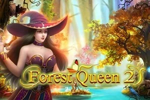 O femeie îmbrăcată în haine de vrăjitoare cu pălărie mare și rochie decorativă stă într-o pădure magică cu copaci colorați și un lac strălucitor, având textul Forest Queen 2 în față