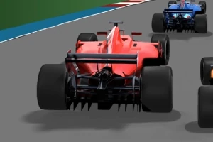 Mașini de curse de Formula 1 pe pistă, cu o mașină roșie în prim-plan și alte mașini colorate în fundal