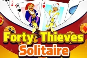 Cartonașe de joc cu imagini de regi și dame în costume orientale, cu textul Forty Thieves Solitaire în prim plan