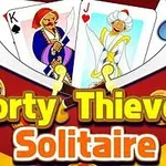 Cartonașe de joc cu imagini de regi și dame în costume orientale, cu textul Forty Thieves Solitaire în prim plan