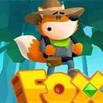 Un personaj animat vulpe îmbrăcat ca un explorator, cu o pălărie și rucsac, stând deasupra unui bloc pe care scrie FOX într-o pădure stilizată