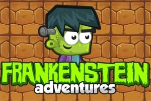 Un personaj desenat cu pielea verde și păr negru, având un șurub în cap, pe un fundal cu cărămizi maro, cu textul Frankenstein Adventures deasupra