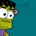 Un personaj animat cu pielea verde deschisă, ochi mari și păr negru, care amintește de o creatură Frankenstein, pe un fundal albastru