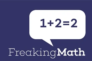 Fundal albastru cu o bulă de dialog albă conținând ecuația incorectă 1+2=2 și textul Freaking Math dedesubt