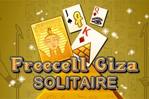Cărți de joc cu simboluri egiptene și textul Freecell Giza Solitaire pe un fundal decorat cu hieroglife