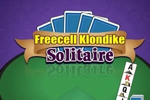 Fundal mov cu cărți de joc albastre și banner text Freecell Klondike Solitaire pe un fundal verde