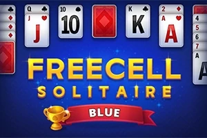 Cărți de joc și textul Freecell Solitaire Blue pe un fundal albastru cu o cupă de aur și o panglică roșie