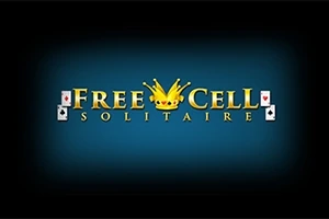 Textul Free Cell Solitaire cu un fundal albastru și un simbol de coroană între cuvinte