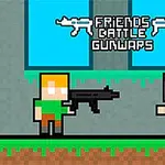 Două personaje pixelate stau pe o platformă, unul ținând o armă, pe fundal albastru cu text stilizat și pictograme de arme