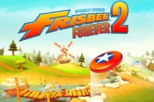 Peisaj animat colorat cu copaci, un frisbee și o moară de vânt în fundal, având titlul Frisbee Forever 2 deasupra