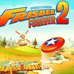 Peisaj animat colorat cu copaci, un frisbee și o moară de vânt în fundal, având titlul Frisbee Forever 2 deasupra