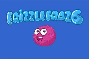 Textul Frizzle Fraz 6 într-un stil gelatinos albastru deasupra unui personaj roz, pufos, cu ochi mari și un zâmbet larg, pe un fundal albastru