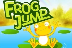 Broască veselă sărind pe frunze de nufăr într-un lac, cu text verde Frog Jump deasupra
