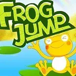 Broască veselă sărind pe frunze de nufăr într-un lac, cu text verde Frog Jump deasupra