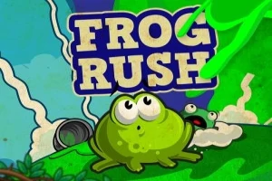 Broască verde animată stând pe iarbă lângă un tub, cu un fundal albastru și text mare Frog Rush