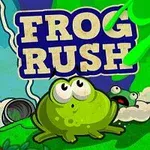 Broască verde animată stând pe iarbă lângă un tub, cu un fundal albastru și text mare Frog Rush