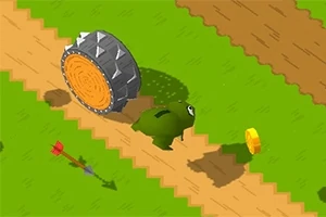 Un personaj verde fuge pe o potecă, urmărit de o roată cu țepi și lângă o monedă aurie pe un teren verde