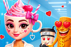 Personaj desenat cu cap de ceașcă roz decorată cu frișcă și cireșe, alături de două pahare animate într-un coridor albastru