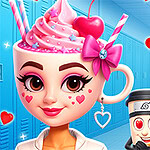 Personaj desenat cu cap de ceașcă roz decorată cu frișcă și cireșe, alături de două pahare animate într-un coridor albastru