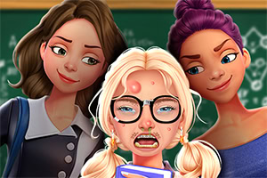 Trei adolescente desenate în stil cartoon, într-o sală de clasă, cu o fată blondă cu ochelari și aparat dentar în prim-plan