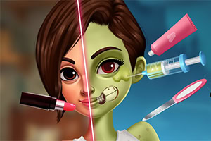 Jumătate din fața unei femei într-o stare normală și jumătate în stare zombificată, cu produse cosmetice și un bisturiu alături