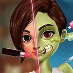 Jumătate din fața unei femei într-o stare normală și jumătate în stare zombificată, cu produse cosmetice și un bisturiu alături