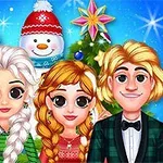 Patru personaje animate zâmbesc în fața unui fundal festiv de Crăciun, cu un om de zăpadă și un brad împodobit