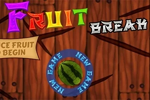 Text colorat cu Fruit Break pe un fundal de lemn și un buton rotund albastru cu o felie de pepene verde în centru, înconjurat de textul NEW GAME