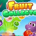Un personaj violet ține un fruct, cu fundal albastru și copac verde, în timp ce alte fructe colorate plutesc în jur