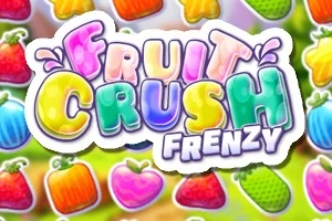Textul colorat Fruit Crush Frenzy pe fundal cu diverse fructe stilizate