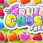 Textul colorat Fruit Crush Frenzy pe fundal cu diverse fructe stilizate