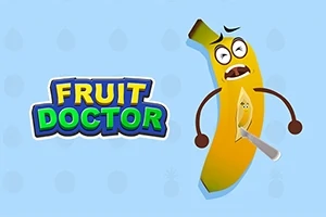 O banană desen animat cu expresie surprinsă și o lamă în interior, alături de textul FRUIT DOCTOR pe un fundal albastru