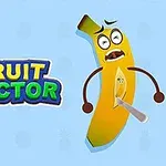 O banană desen animat cu expresie surprinsă și o lamă în interior, alături de textul FRUIT DOCTOR pe un fundal albastru