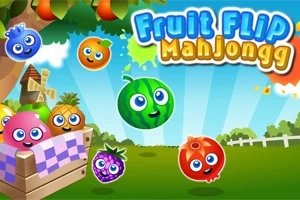 Fructe colorate cu fețe zâmbitoare sunt plasate pe un fundal pastoral sub un cer albastru, cu un coș marcat de o pătură în carouri și titlul Fruit Flip Mahjongg scris deasupra